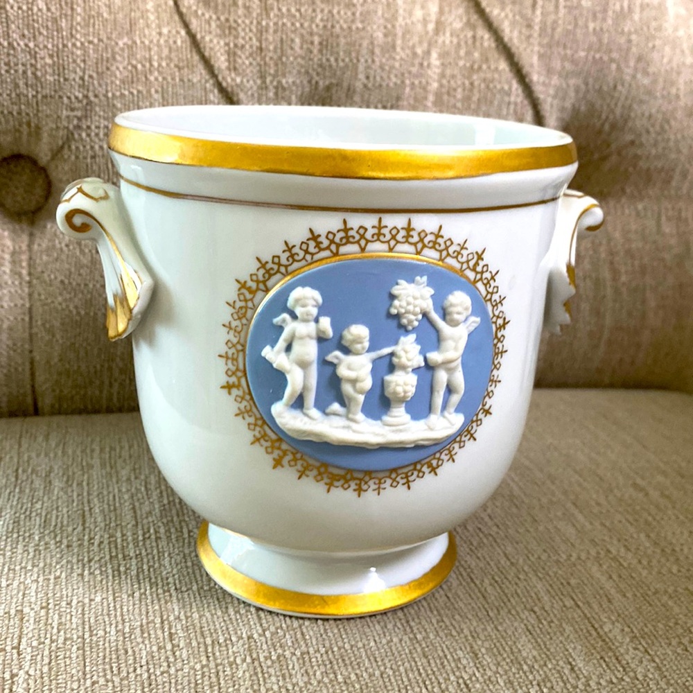 Vintage 1960s Porcelain Medallion Angel Cherub Blue White Gold Accent Cup